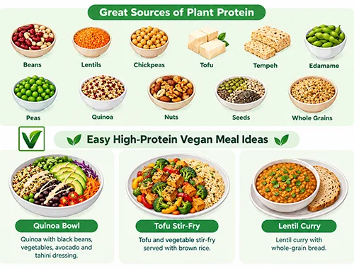 High-protein vegan meals infographic showing plant-based protein sources and meal ideas.