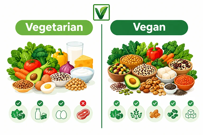 Difference Between Vegan and Vegetarian infographic comparing plant-based foods, dairy, and eggs in a vegetarian diet with exclusively plant-based foods in a vegan diet.