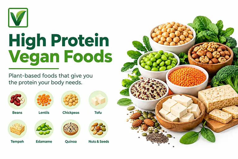 High Protein Vegan Foods infographic featuring beans, lentils, chickpeas, tofu, tempeh, edamame, quinoa, nuts, and seeds.