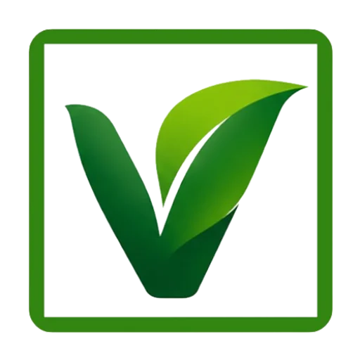 Vegan Food logo featuring a stylized green letter V with leaf shapes inside a rounded green square border.