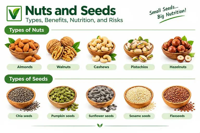 Nuts and seeds infographic featuring almonds, walnuts, cashews, pistachios, hazelnuts, chia seeds, pumpkin seeds, sunflower seeds, sesame seeds, and flaxseeds