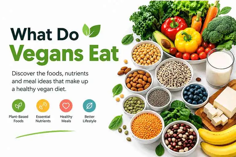What do vegans eat, featuring colorful vegetables, legumes, grains, nuts, seeds, tofu, and plant milk.