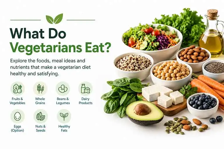What do vegetarians eat: A variety of vegetables, fruits, whole grains, chickpeas, tofu, nuts, seeds, and healthy fats